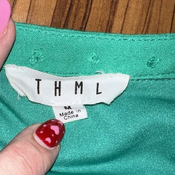 THML Green Embroidered Short Sleeve Bohemian Peasant Top Shirt M 0630 - Picture 7 of 7